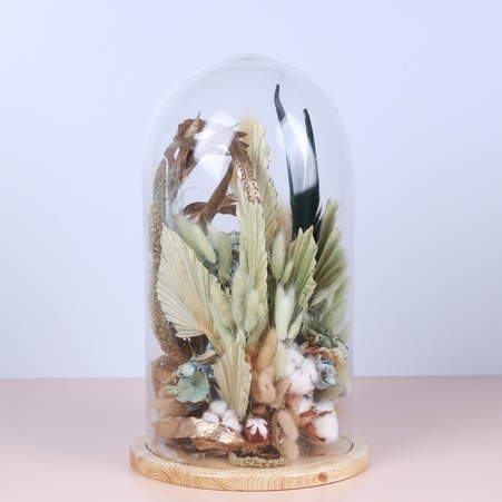 Стеклянная колба с сухоцветами бежево-зеленая