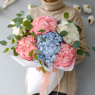 Букет 7 радужных гортензий с эвкалиптом