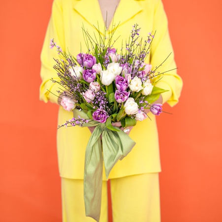 Букет 35 тюльпанов дабл "Сиренево-розовый"